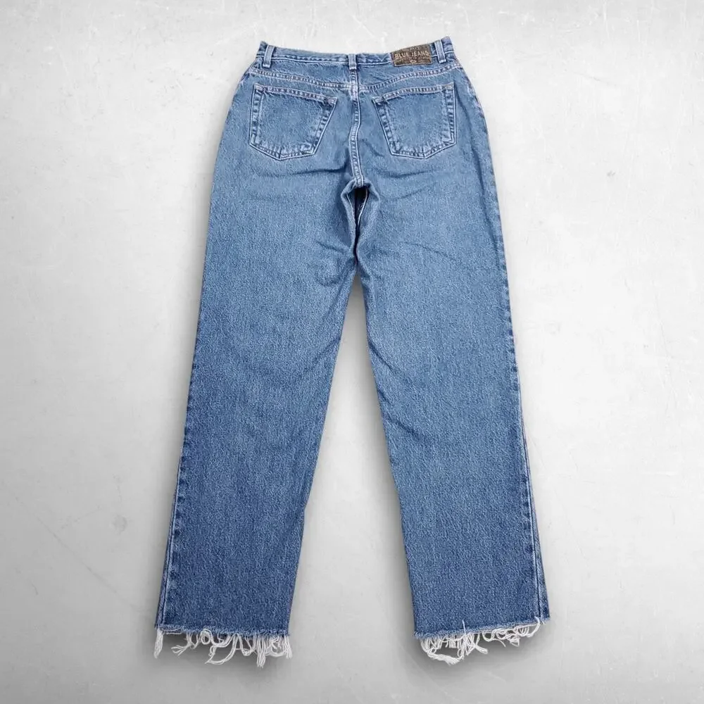 VTG Old Navy Slim Straight Leg Jeans Women 12 Long Blue Raw Hem Vintage 90s Y2K